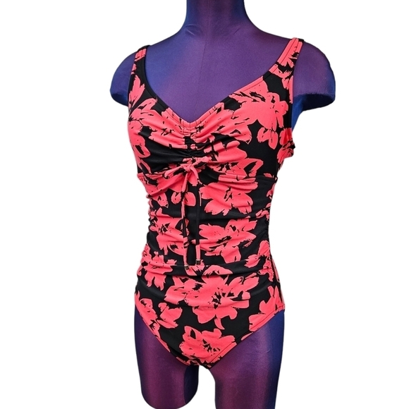 Aqua Green Coral & Black Floral One Piece Swimsuit Size Small Women's F103 - Picture 1 of 11
